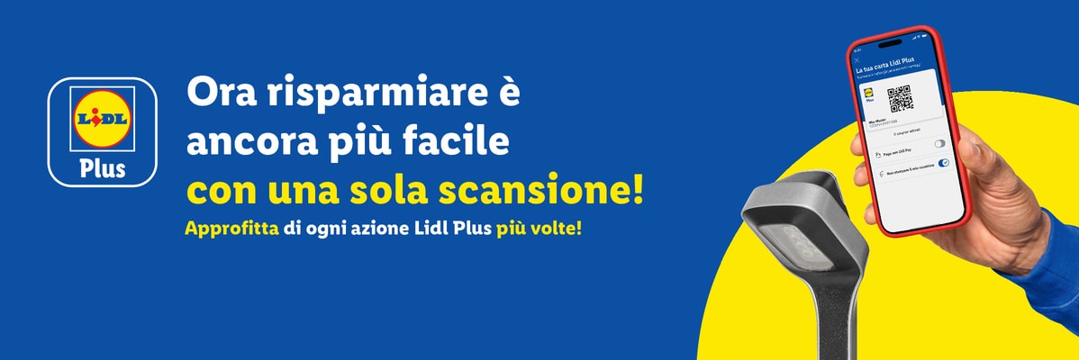App Lidl Plus con codice QR su uno smartphone pronto per la scansione, con il testo: 'Ora risparmiare è ancora più facile con una sola scansione!'
