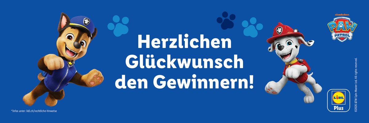 PAW Patrol ©2026 &TM Spin Master Ltd. All rights reserved. Text 'Herzlichen Glückwunsch den Gewinnern!'
