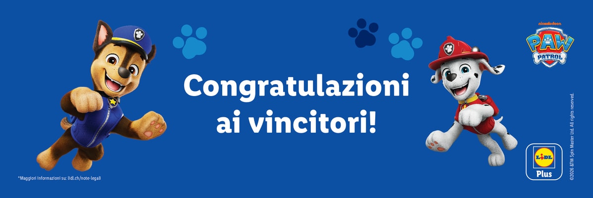 PAW Patrol ©2026 &TM Spin Master Ltd. All rights reserved. testo 'Congratulazioni ai vincitori!'