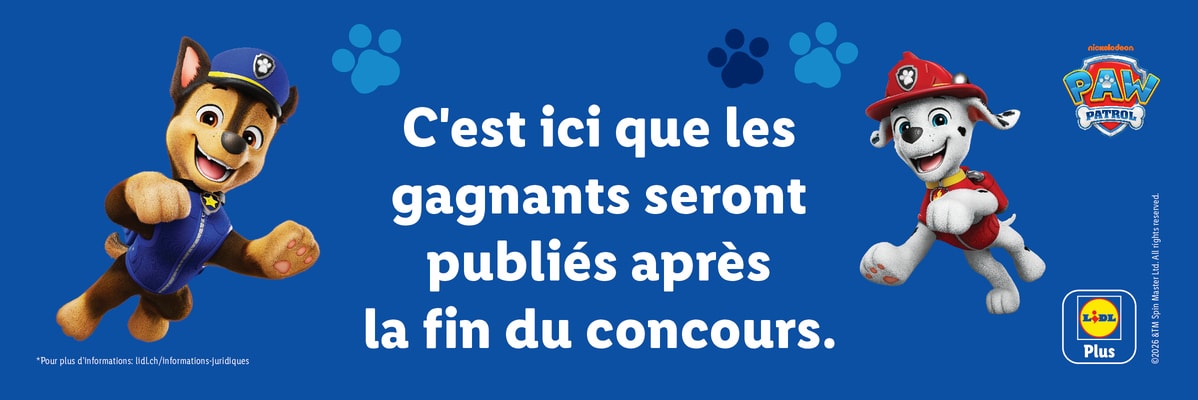 PAW Patrol ©2026 &TM Spin Master Ltd. All rights reserved. avec le texte : Les gagnants seront annoncés ici après la fin du concours.