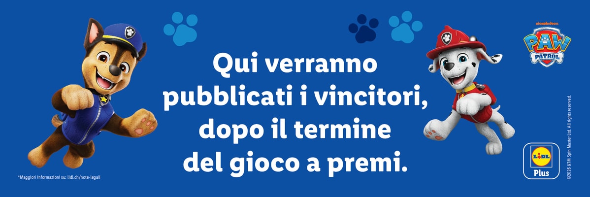 PAW Patrol ©2026 &TM Spin Master Ltd. All rights reserved. con il testo: I vincitori saranno annunciati qui dopo la fine del concorso.