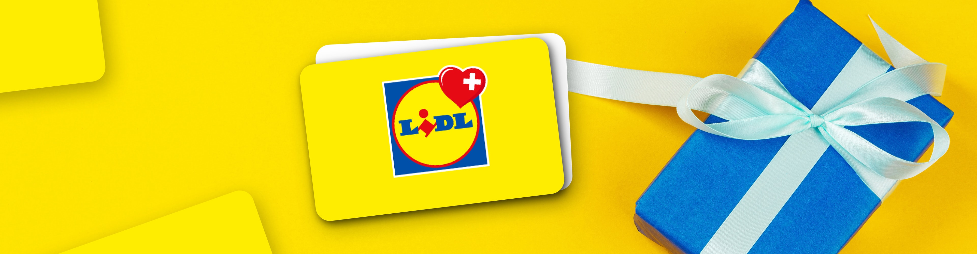 Lidl-Geschenkkarten mit rotem Herz und blauem Geschenk auf gelbem Hintergrund.