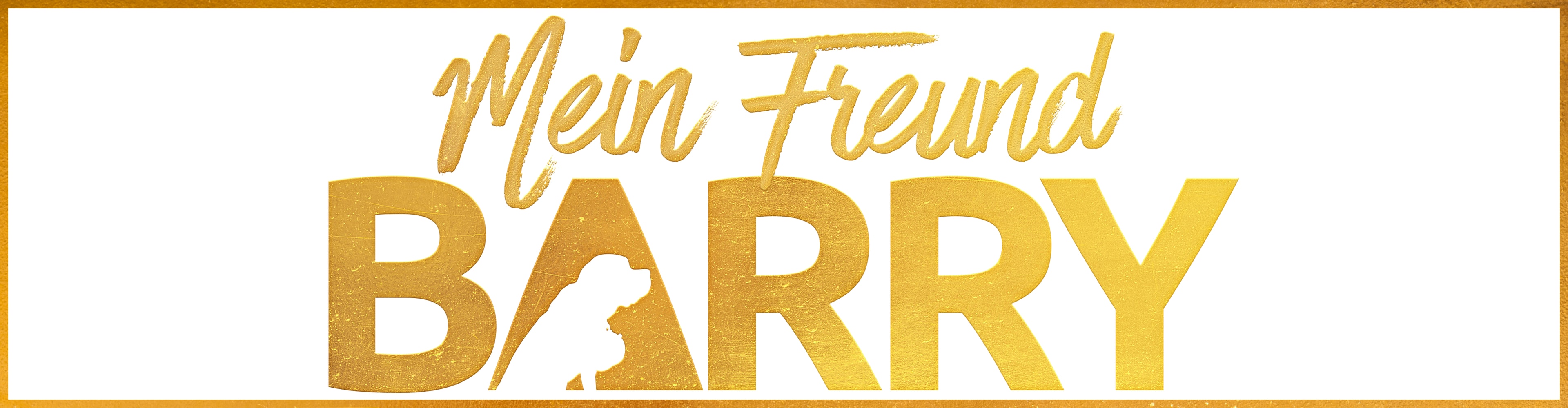 Goldenes Logo 'Mein Freund BARRY' mit Hundesilhouette.