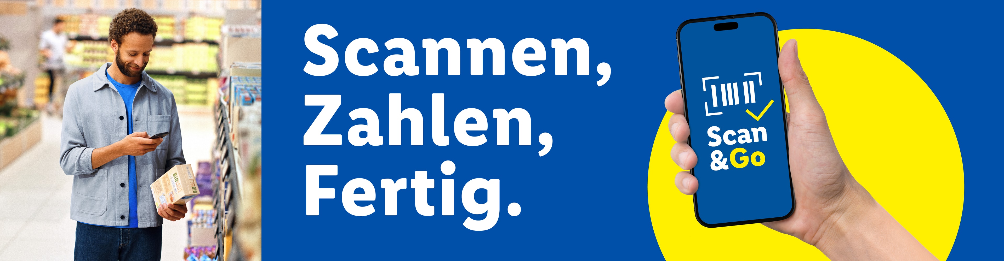 Mann scannt Produkte im Laden mit dem Handy; Text: Scannen, Zahlen, Fertig.