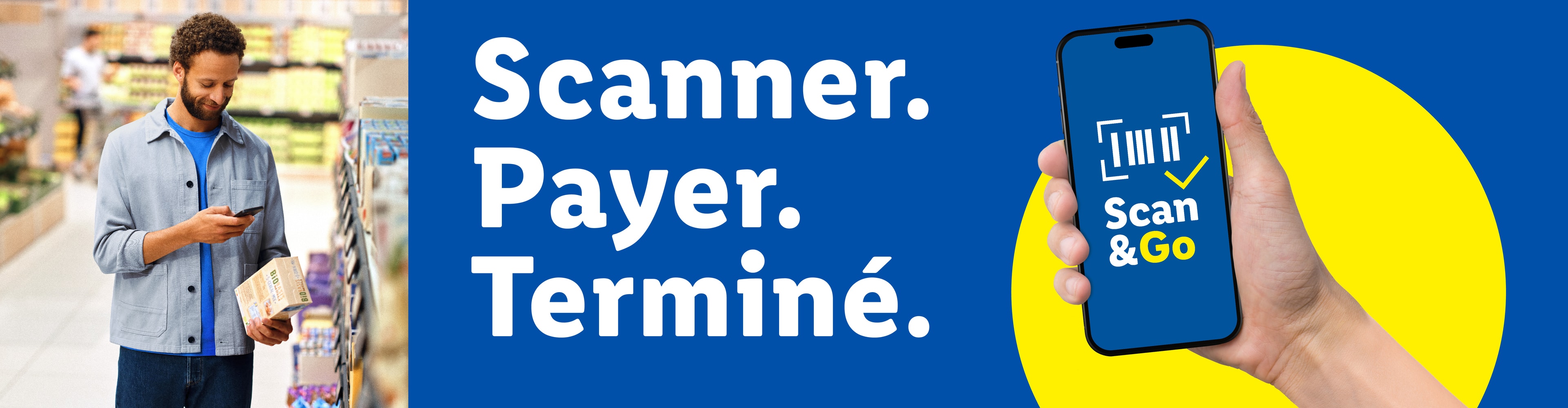 Homme scannant des produits avec son smartphone dans un supermarché. Texte : Scanner. Payer. Terminé.