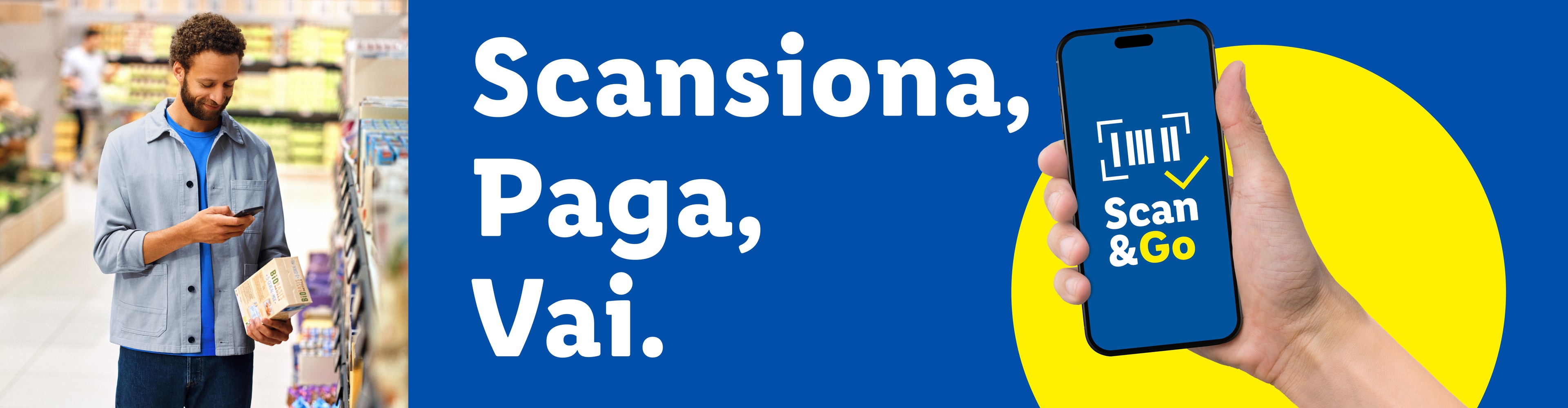Uomo scansiona prodotto con smartphone, testo 'Scansiona, Paga, Vai.' e app 'Scan & Go'.