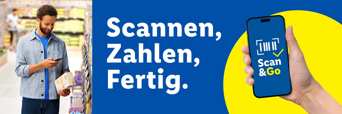 Mann scannt Produkte im Laden mit dem Handy; Text: Scannen, Zahlen, Fertig.
