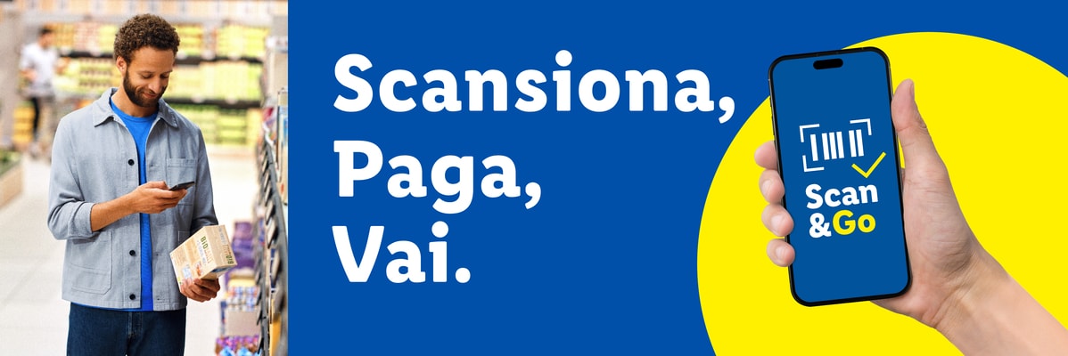 Uomo scansiona prodotto con smartphone, testo 'Scansiona, Paga, Vai.' e app 'Scan & Go'.