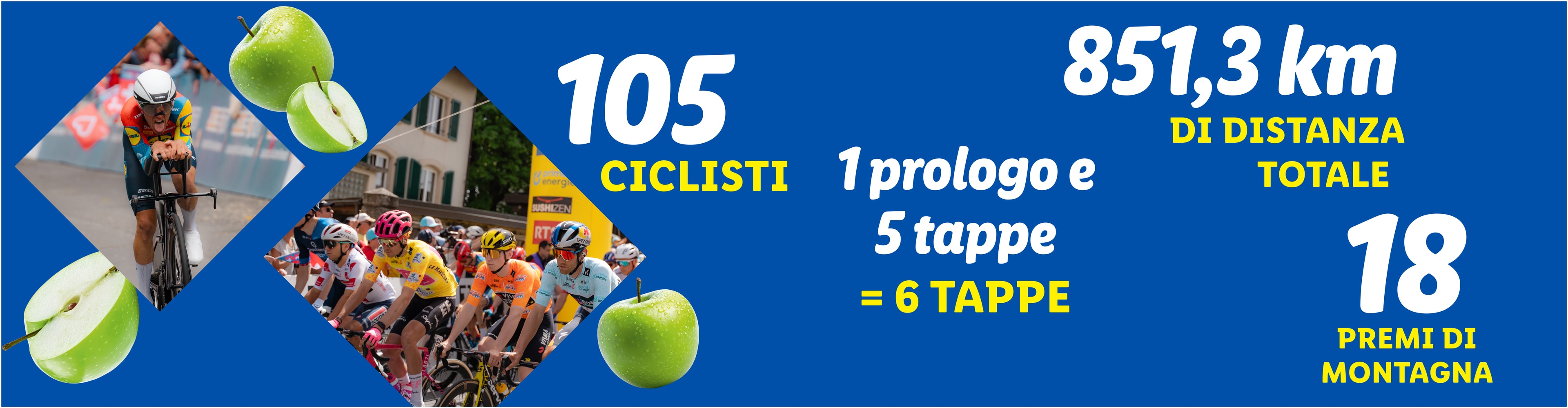 Ciclisti in azione con mele verdi, che mostrano le statistiche della gara.