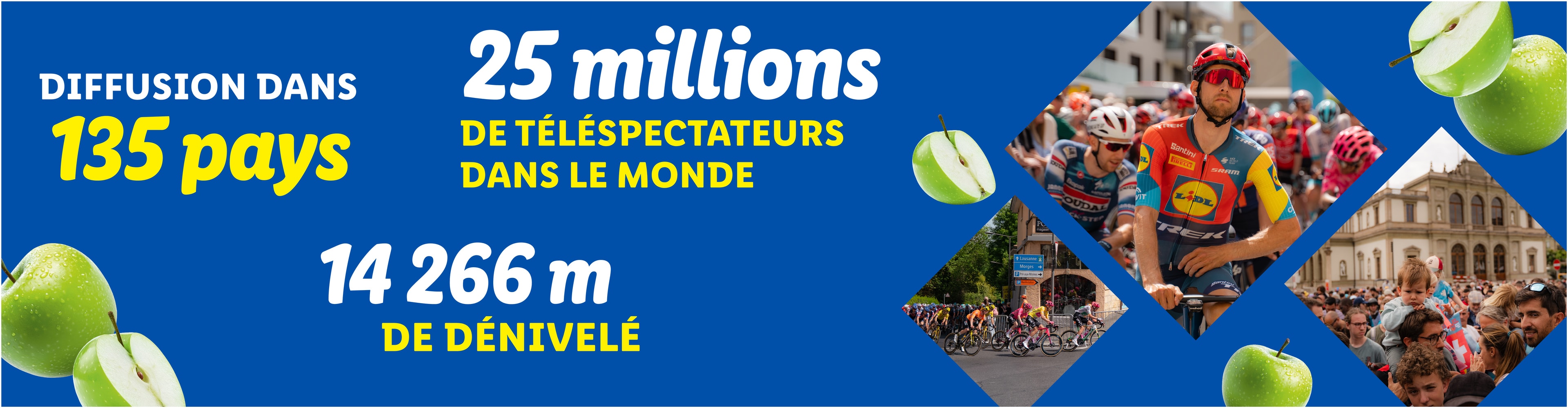 Diffusion dans 135 pays, 25 millions de téléspectateurs, 14 266 m de dénivelé, avec des cyclistes et des pommes vertes.