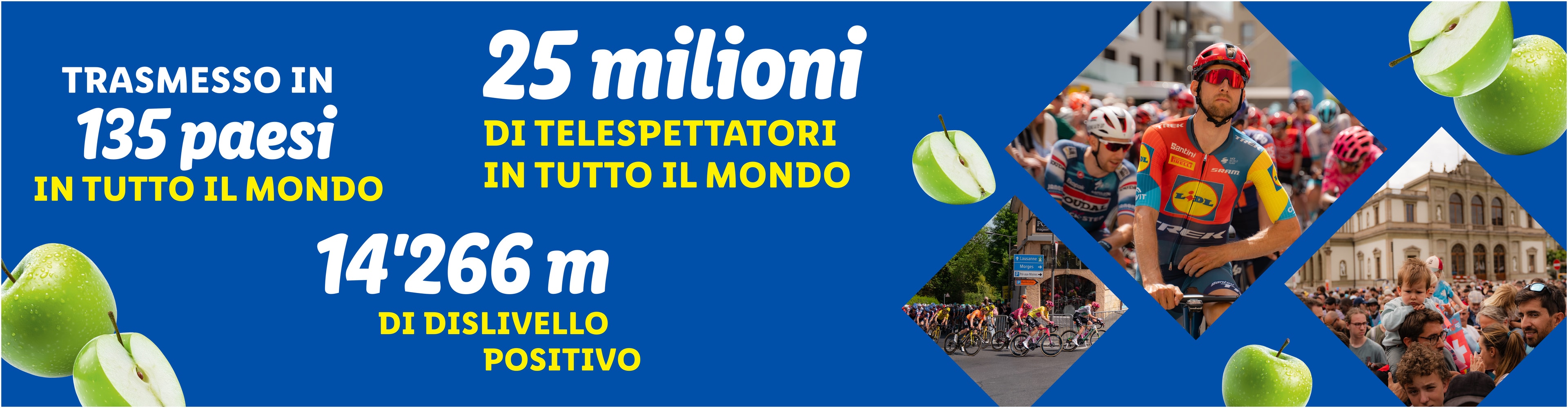 Ciclisti e pubblico con mele verdi, che mostrano statistiche di trasmissione e dislivello.
