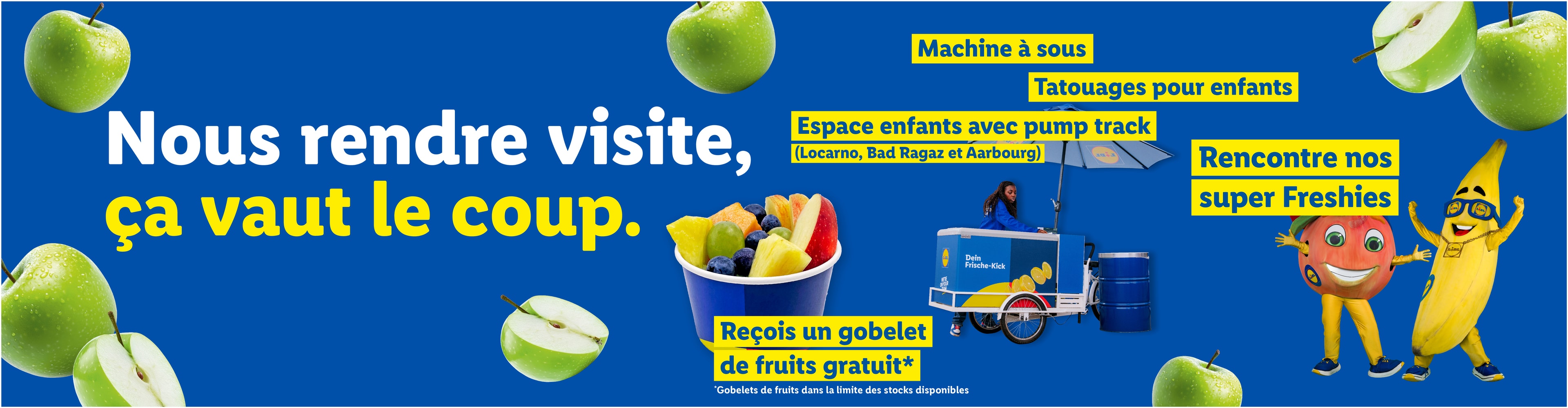 Bannière promotionnelle avec fruits frais, activités pour enfants et le slogan 'Nous rendre visite, ça vaut le coup'.
