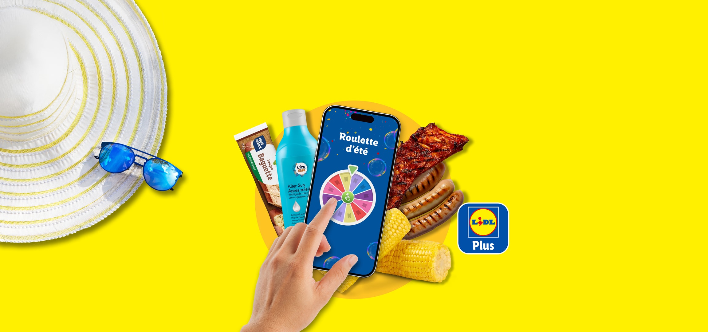 Produits d'été comme de la crème solaire, des grillades et une roue de la fortune sur smartphone.