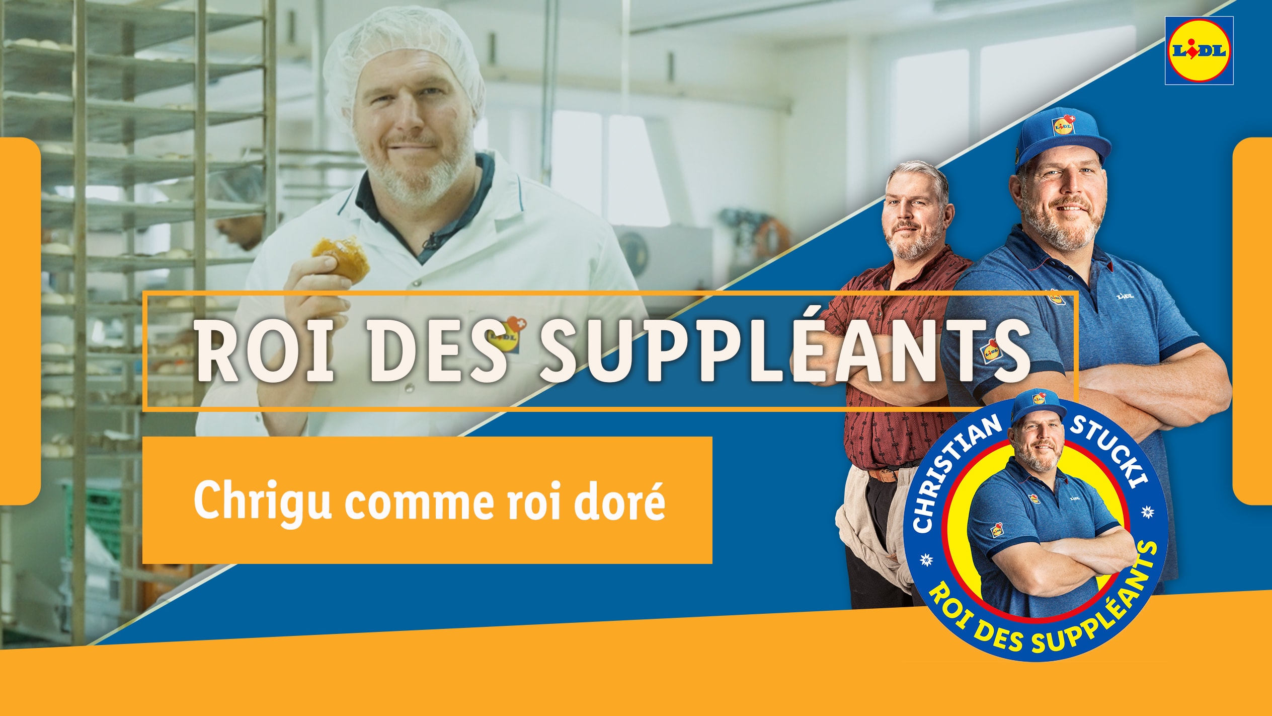 Un boulanger souriant tenant une pâtisserie, avec le texte « ROI DES SUPPLÉANTS » et « Chrigu comme roi doré ».