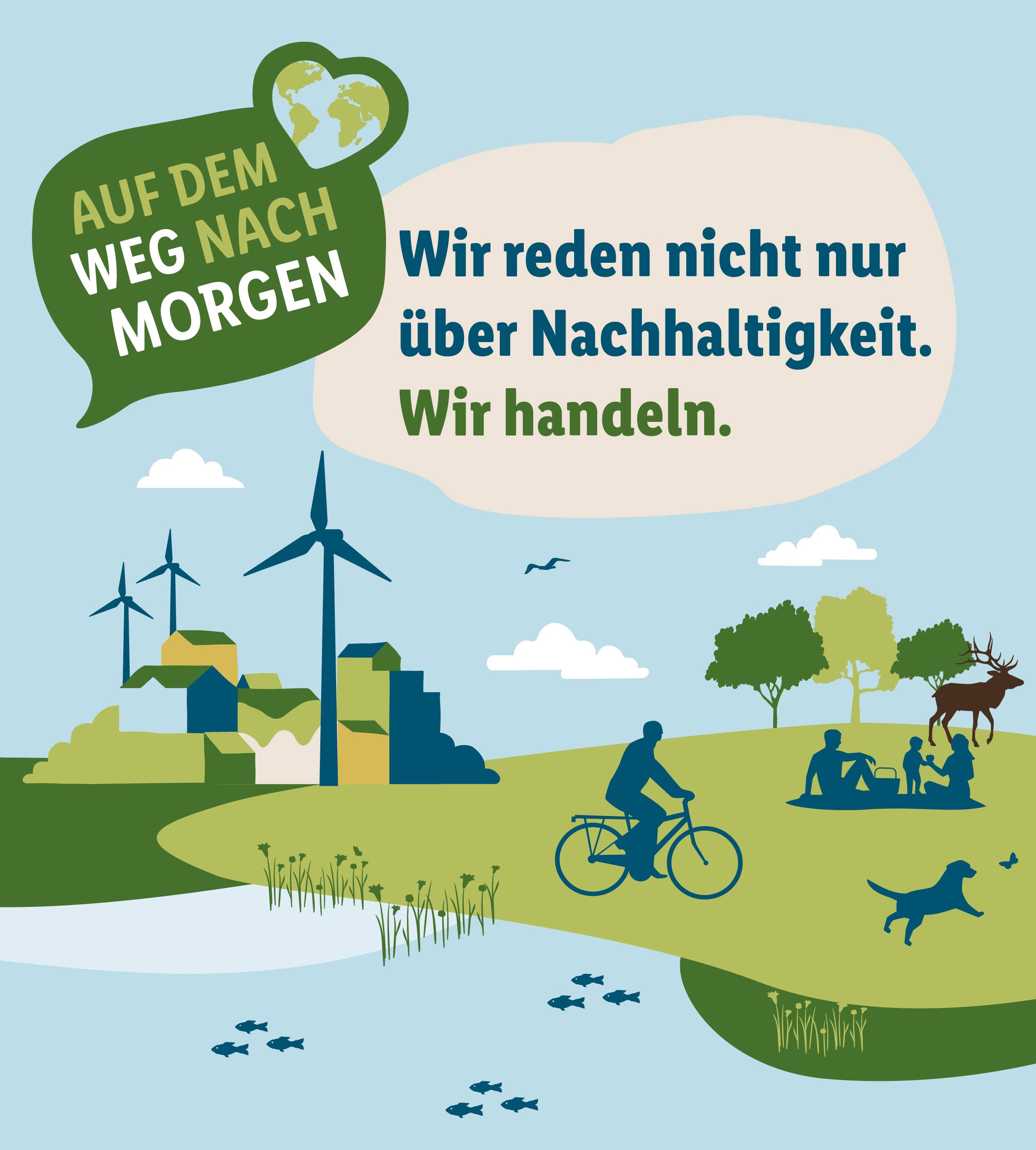 Windräder, Fahrrad, Familienpicknick: Nachhaltige Lebensweise.