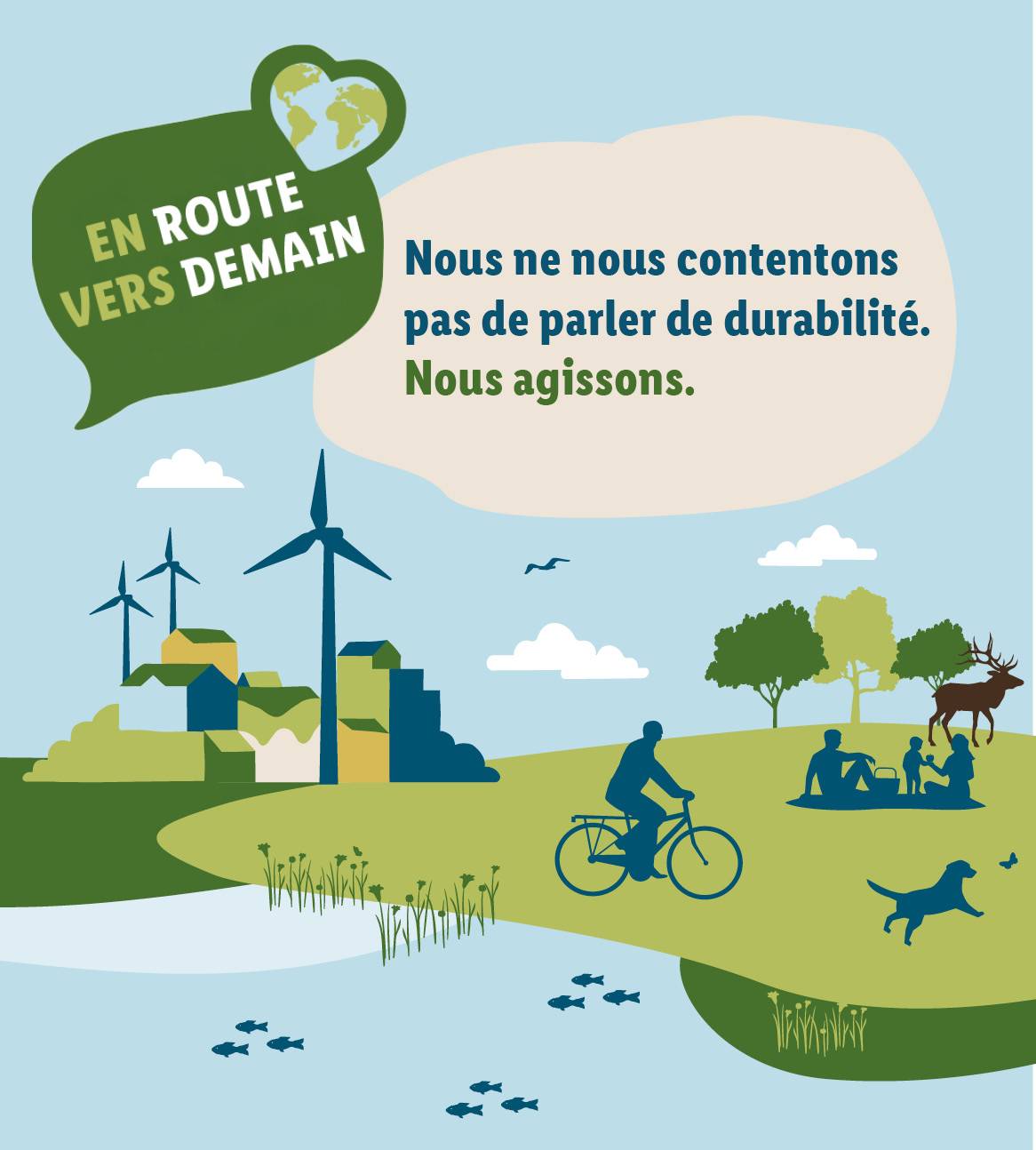 Éoliennes, vélo et vie de famille dans un environnement durable.