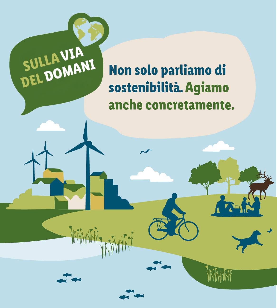 Turbine eoliche, biciclette, famiglie nella natura: vita sostenibile.