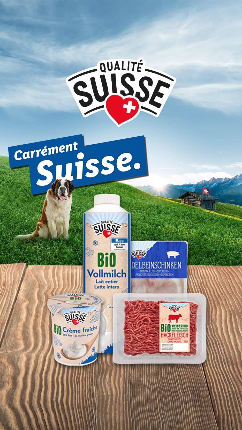Bio-Milchprodukte und Fleisch aus der Schweiz mit einem Bernhardiner in einer Alpenlandschaft.