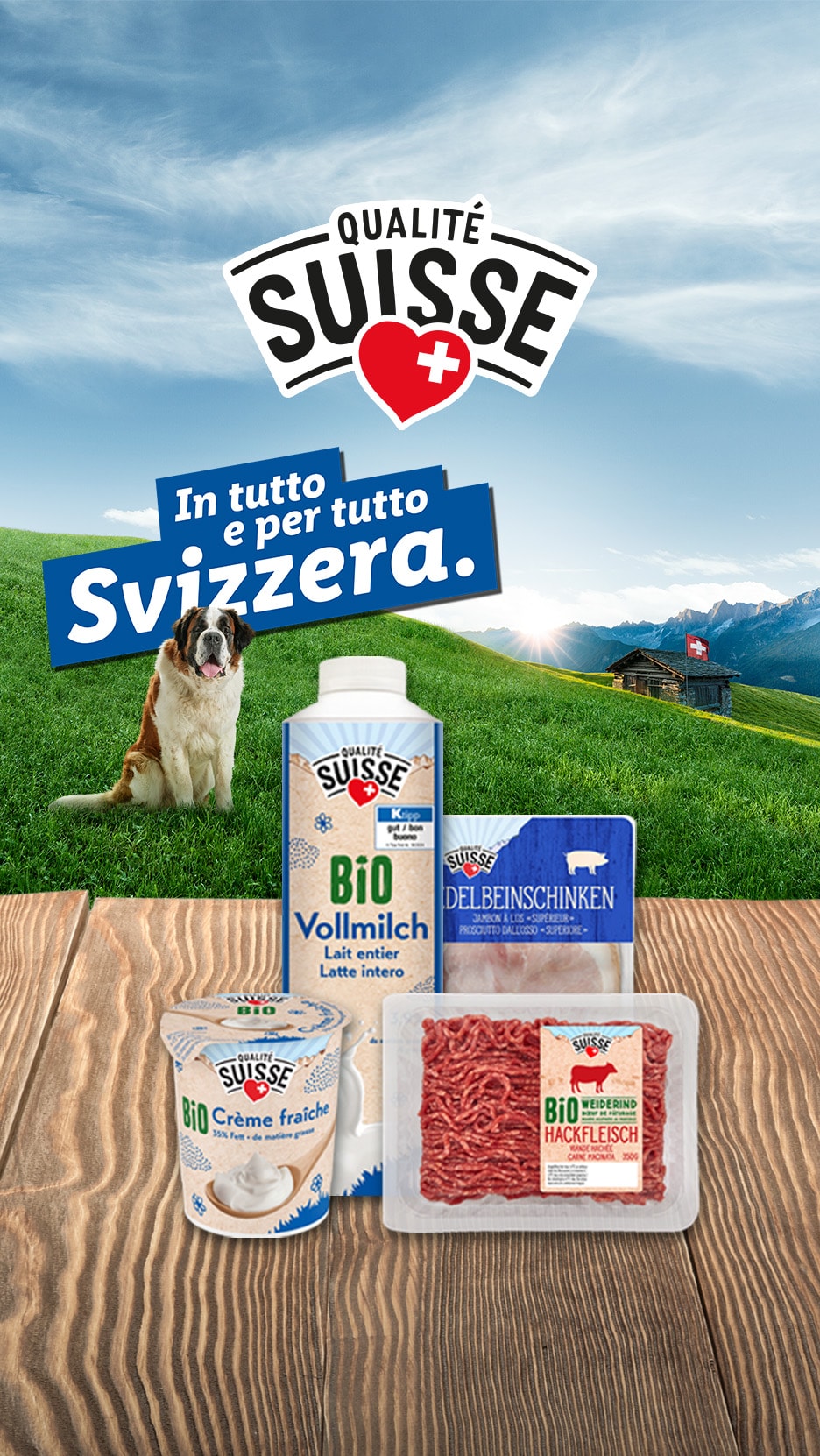 Schweizer Qualitätsprodukte mit einem Bernhardiner in einer Alpenlandschaft.