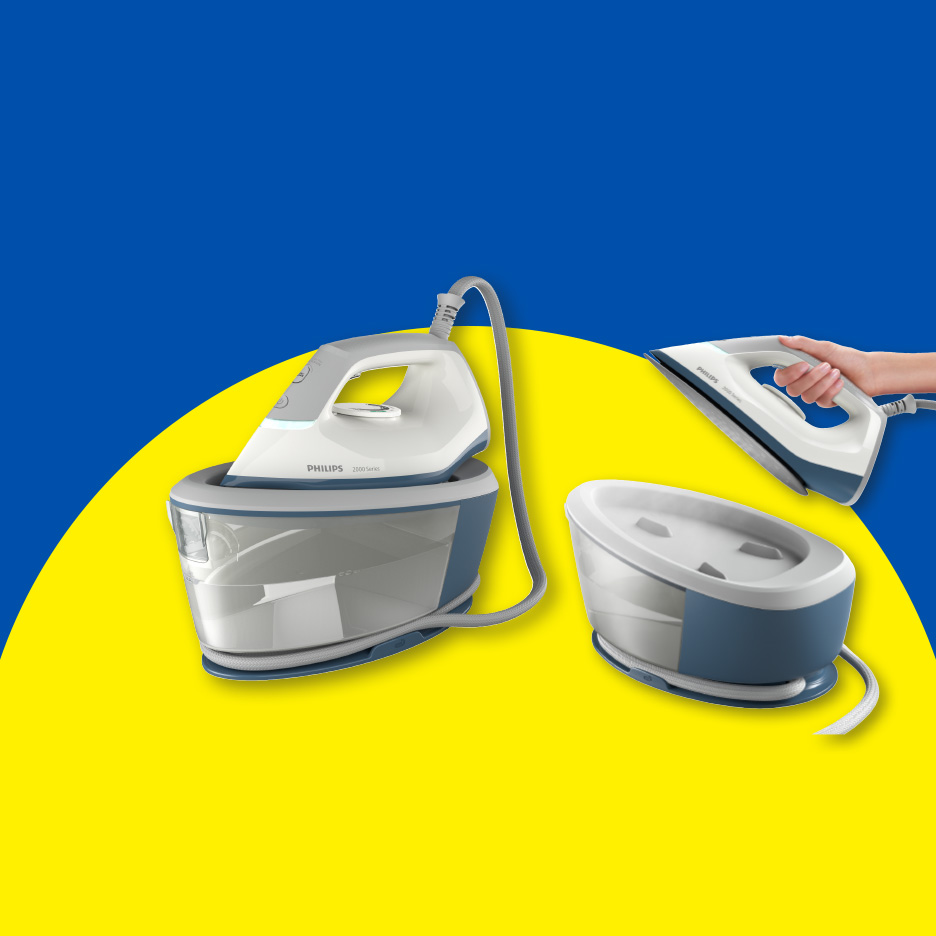 Philips Dampfbügeleisen und Dampfstation auf blau-gelbem Hintergrund.