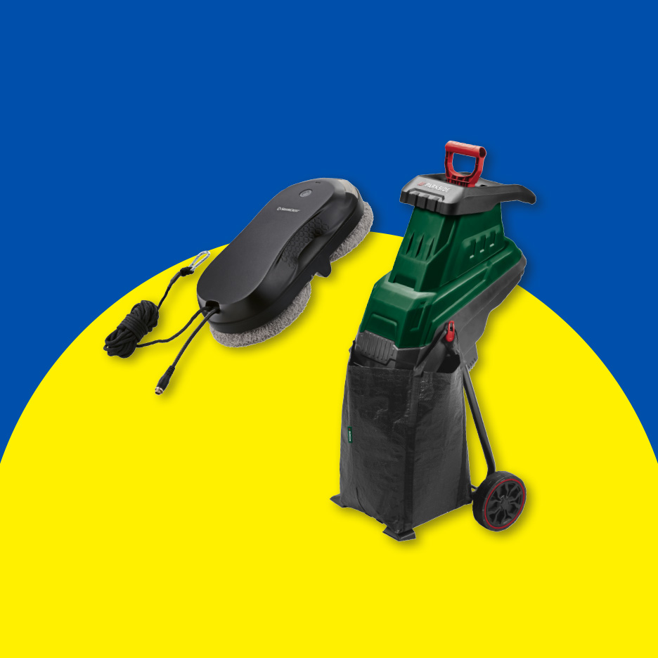 Click & Pick: robot lavavetri e biotrituratore su sfondo blu e giallo