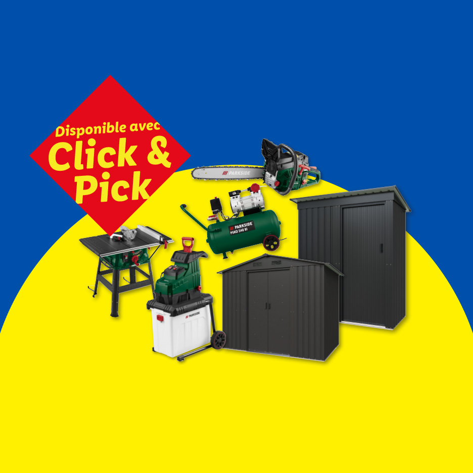 Auswahl an Gartengeräten und Gartenhäusern, erhältlich mit Click & Pick.