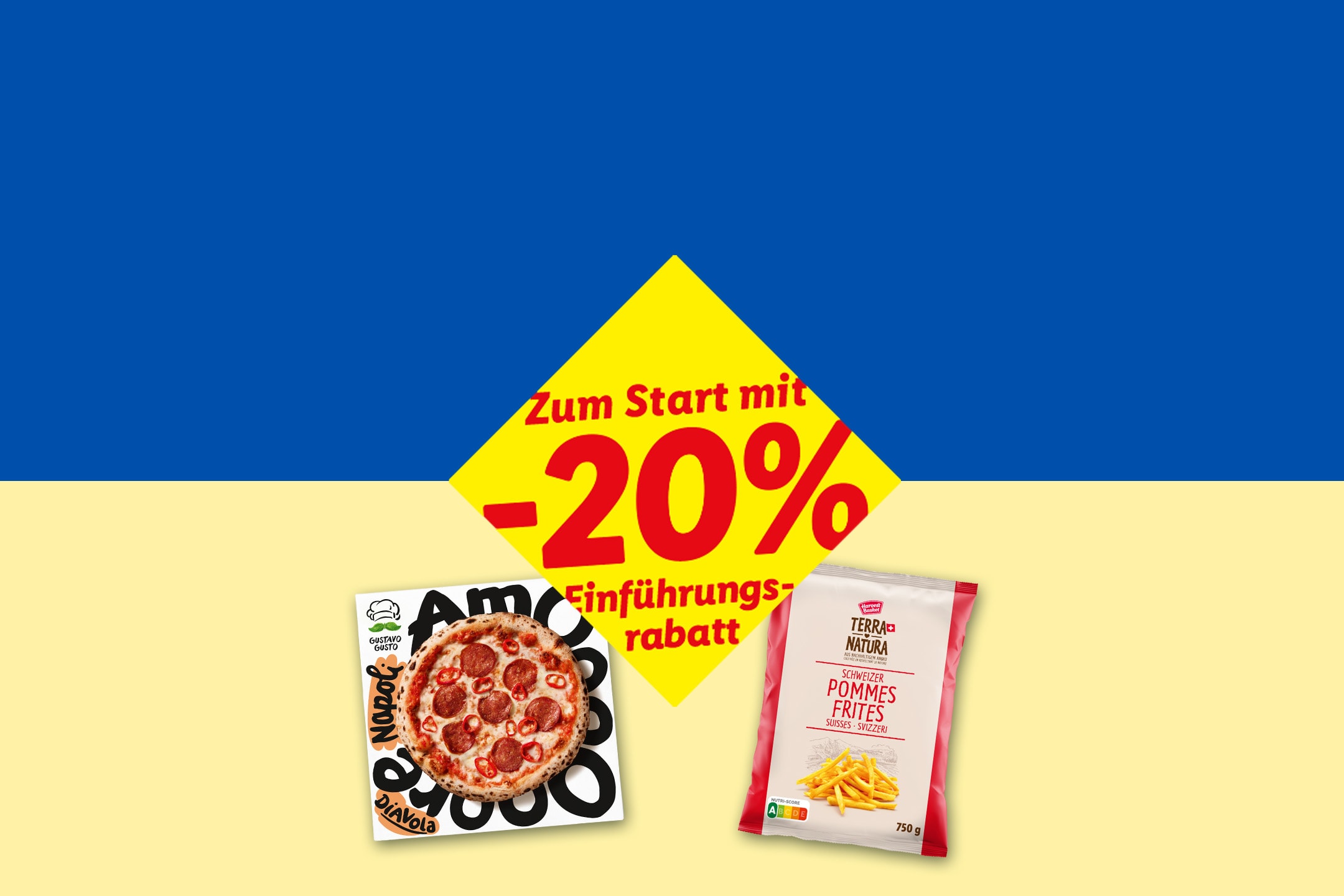 Pizza Diavola und Schweizer Pommes Frites mit 20% Einführungsrabatt auf ukrainischem Hintergrund.