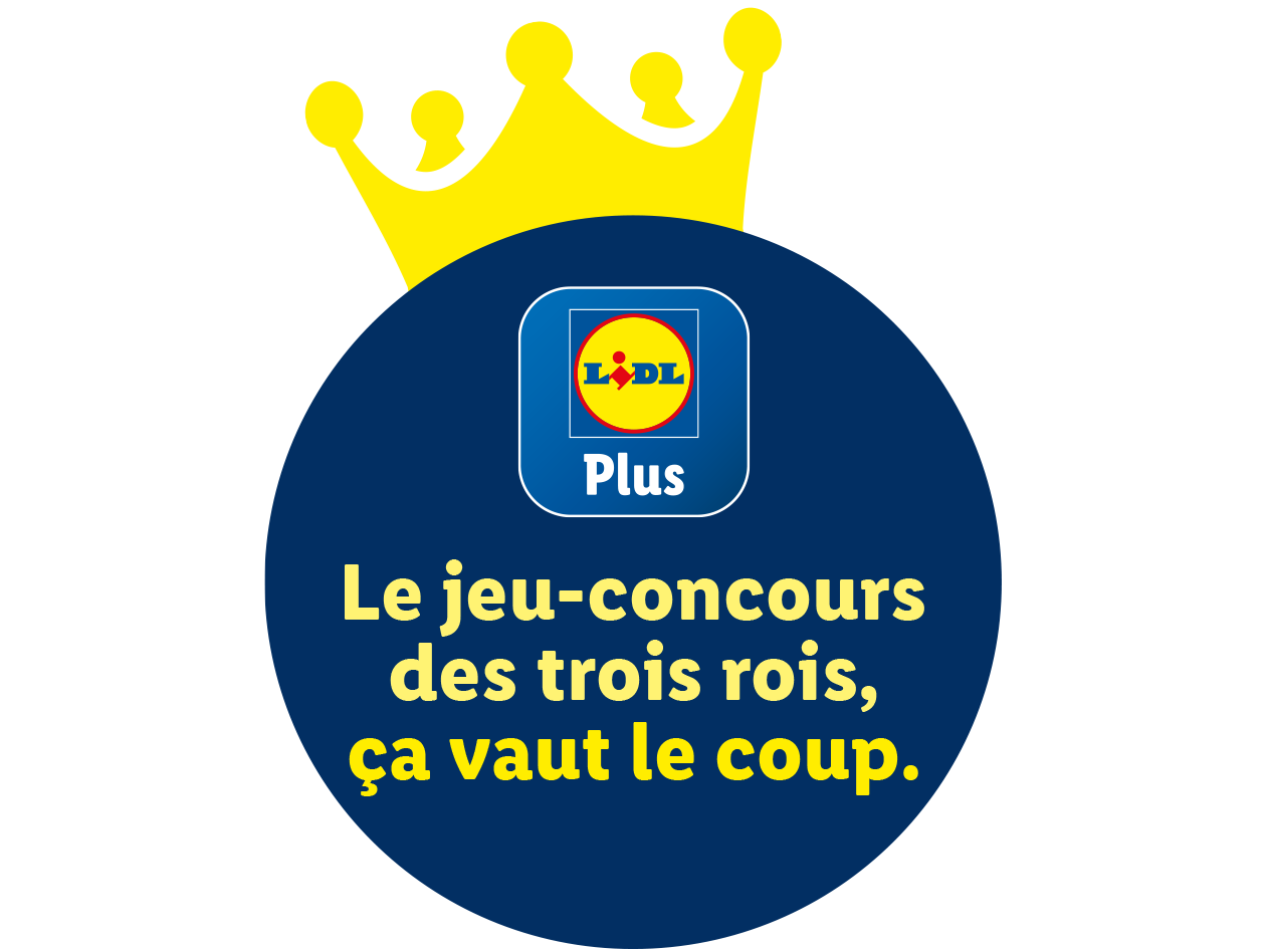 Logo Lidl Plus avec une couronne et le texte 'Le jeu-concours des trois rois, ça vaut le coup.'