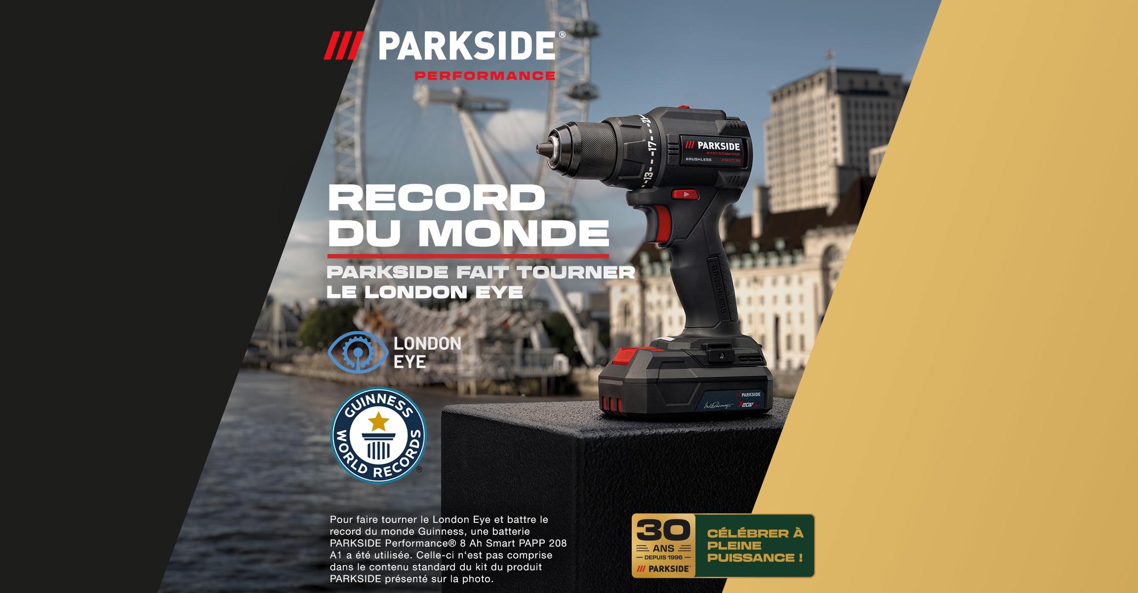 Perceuse-visseuse devant le London Eye, annonçant un record du monde Guinness et 30 ans de puissance.
