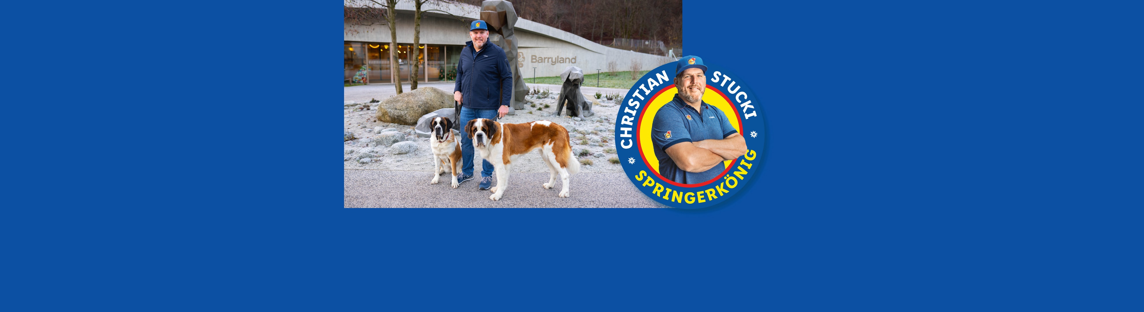 Christian Stucki mit zwei Bernhardinerhunden vor Barryland, mit einem Lidl-Logo.