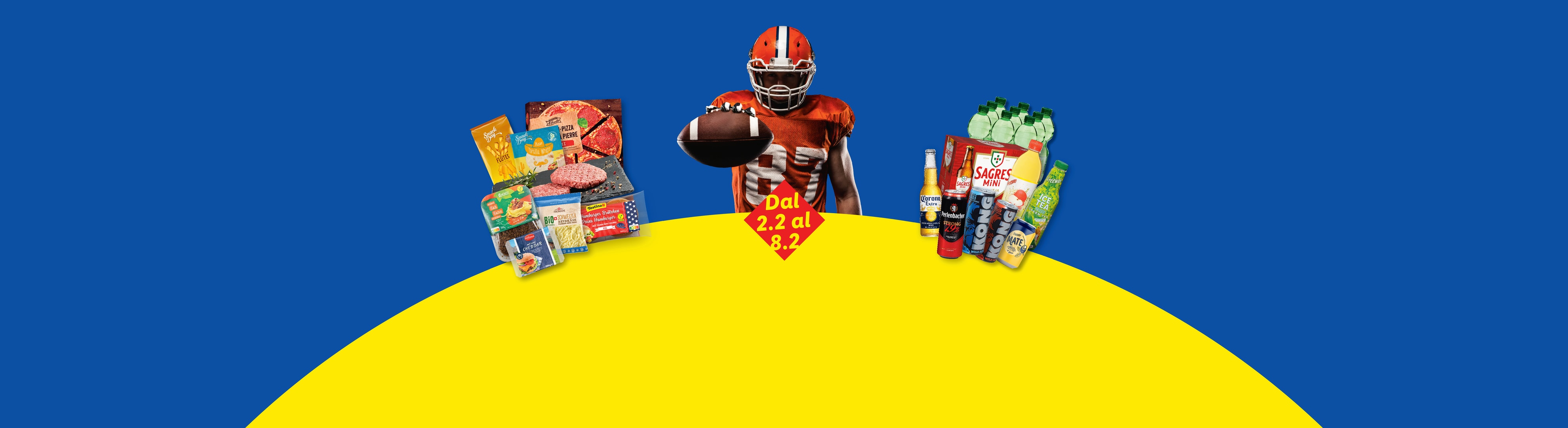 Giocatore di football americano con pizze, hamburger, snack e bevande, dal 2.2 all'8.2.