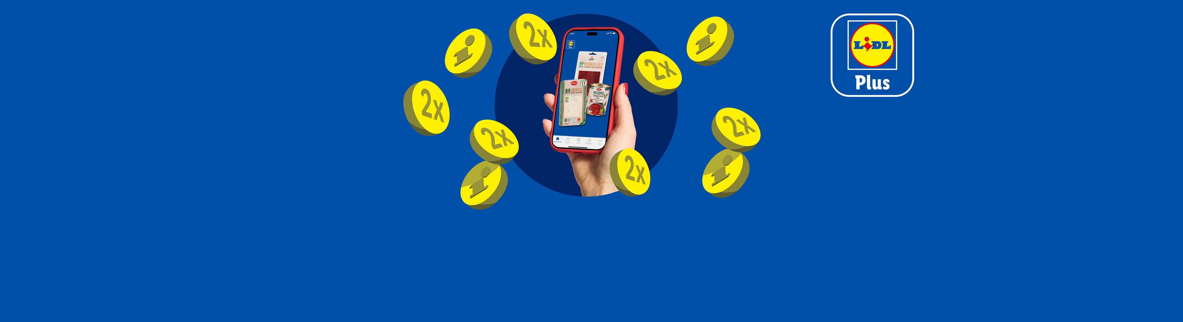 Main tenant un smartphone avec des produits alimentaires, des pièces bonus et le logo Lidl Plus.