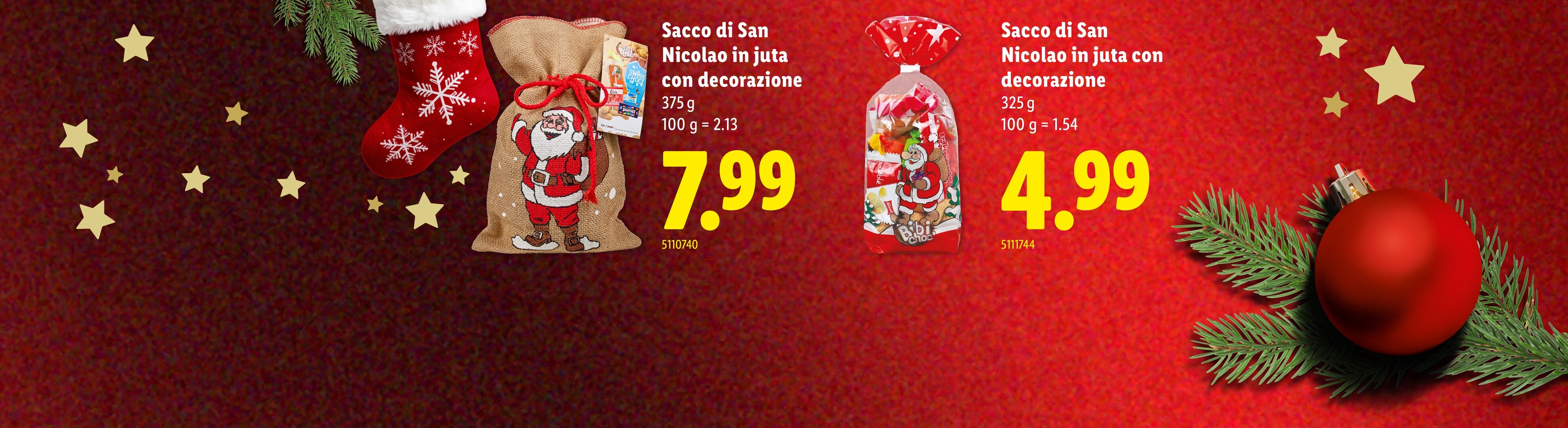 Sacchi di San Nicolao in juta con decorazioni, prezzi esposti.