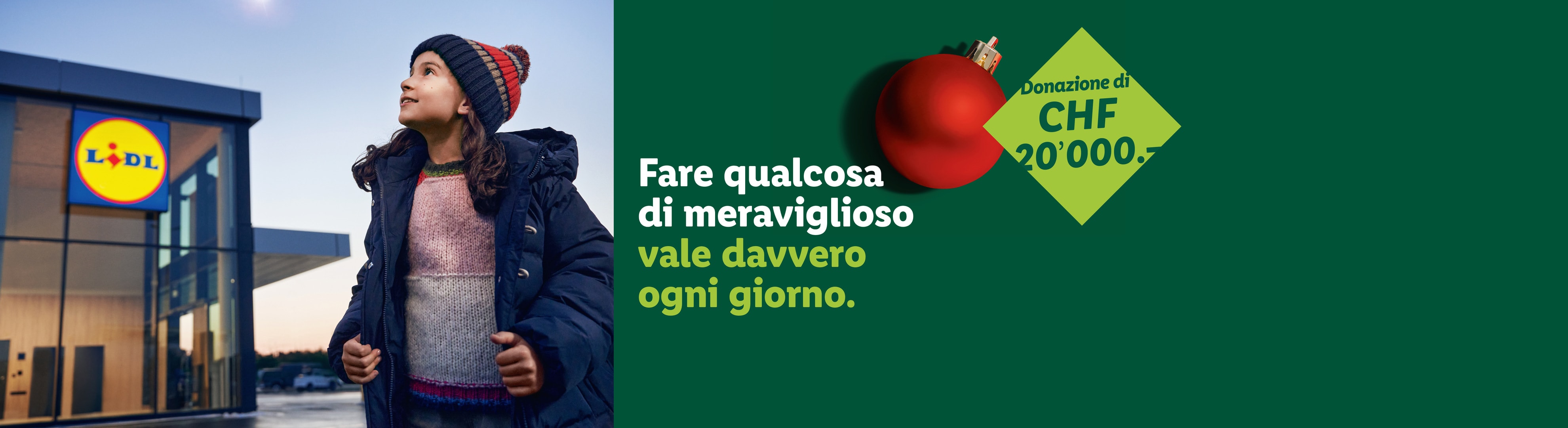 Bambina sorridente davanti a un negozio Lidl, con testo che promuove una donazione di CHF 20.000.