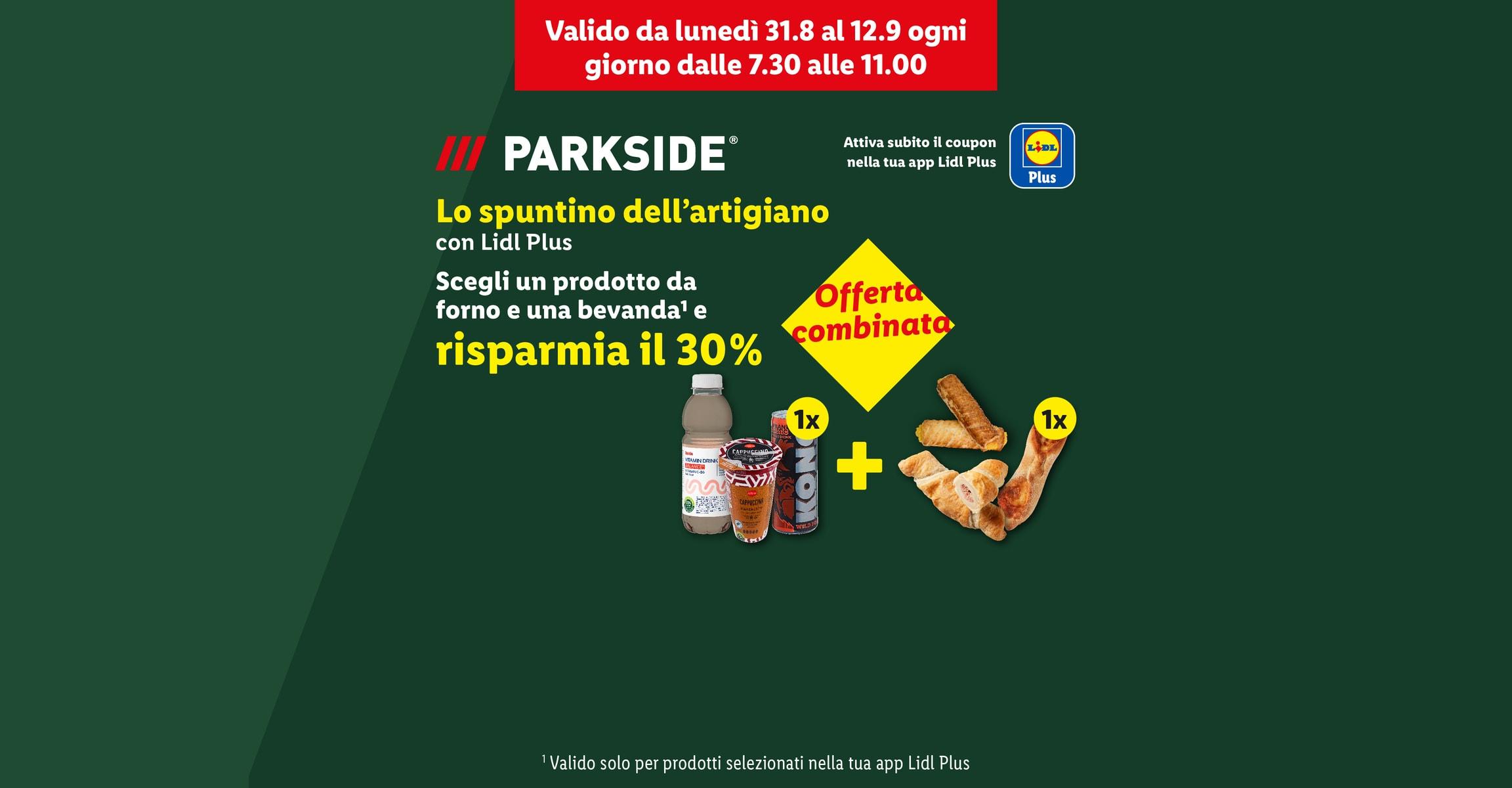 Werbebanner für ein kombiniertes Angebot: Backwaren und Getränke mit 30% Rabatt für Lidl Plus Kunden.