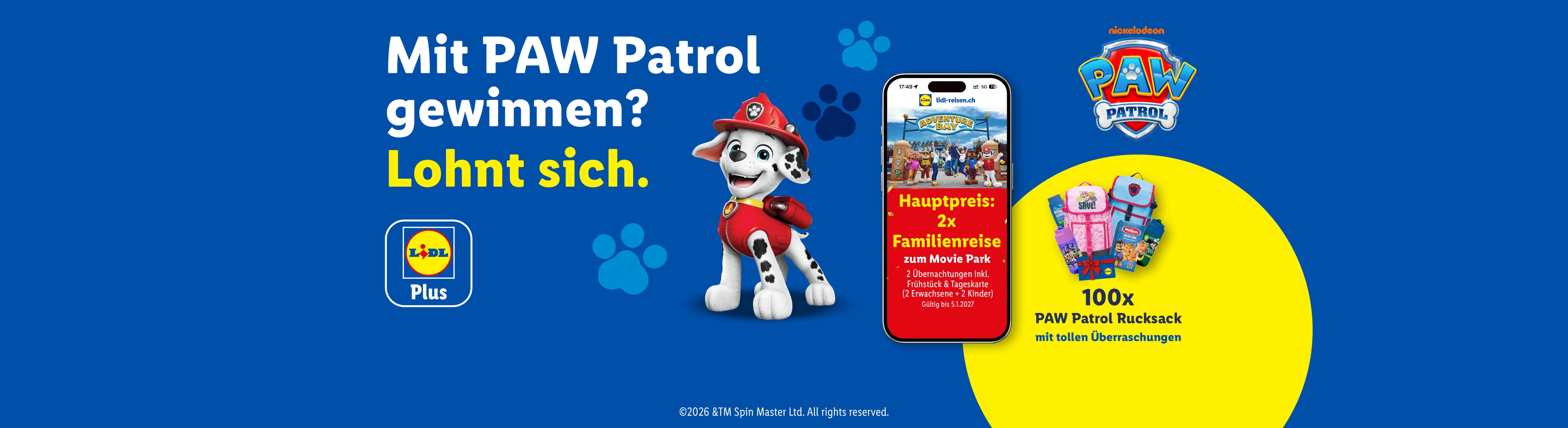 Ein Gewinnspiel mit Preisen zum Thema Hunde-Patrouille, darunter eine Reise in den Freizeitpark und Rucksäcke.
