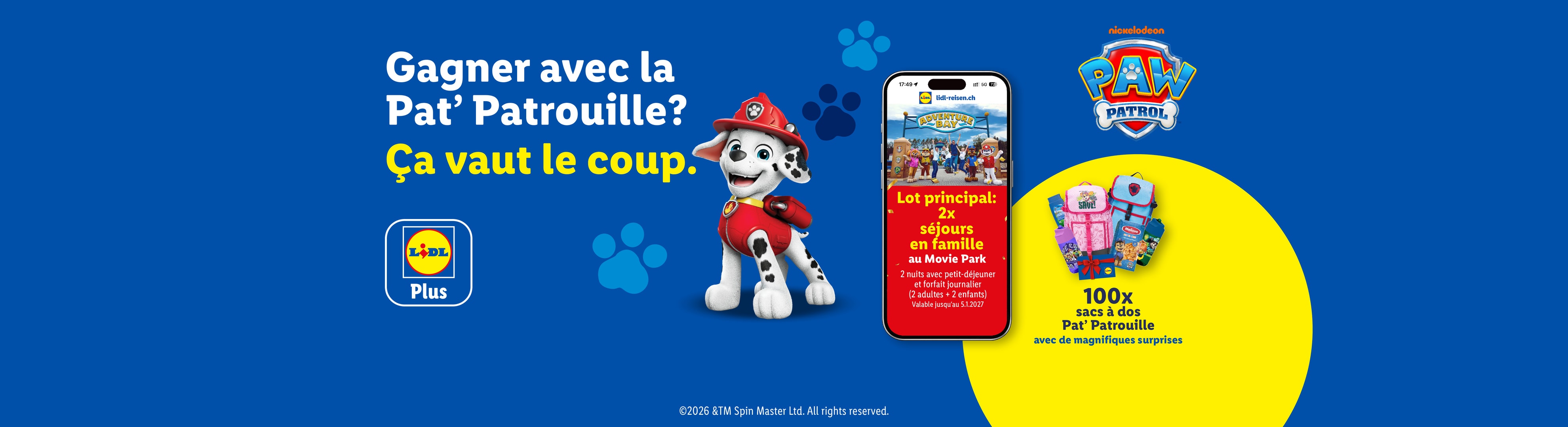 Concours avec des séjours en famille et des sacs à dos pour enfants, sur fond bleu et jaune.