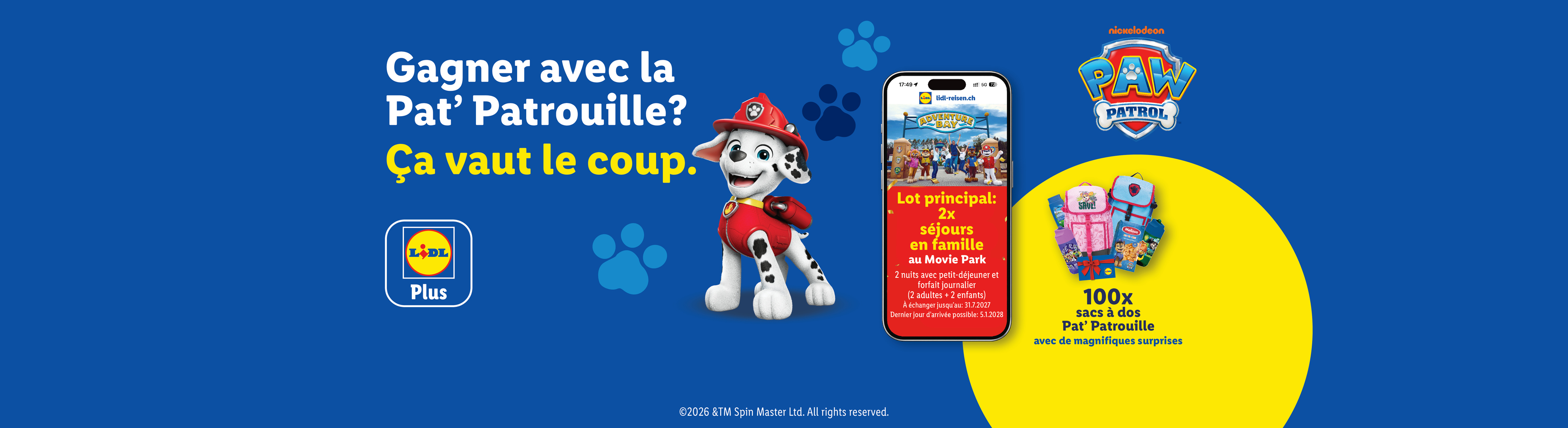 Bannière promotionnelle pour un concours avec un chiot dalmatien, offrant des séjours en famille et des sacs à dos.
