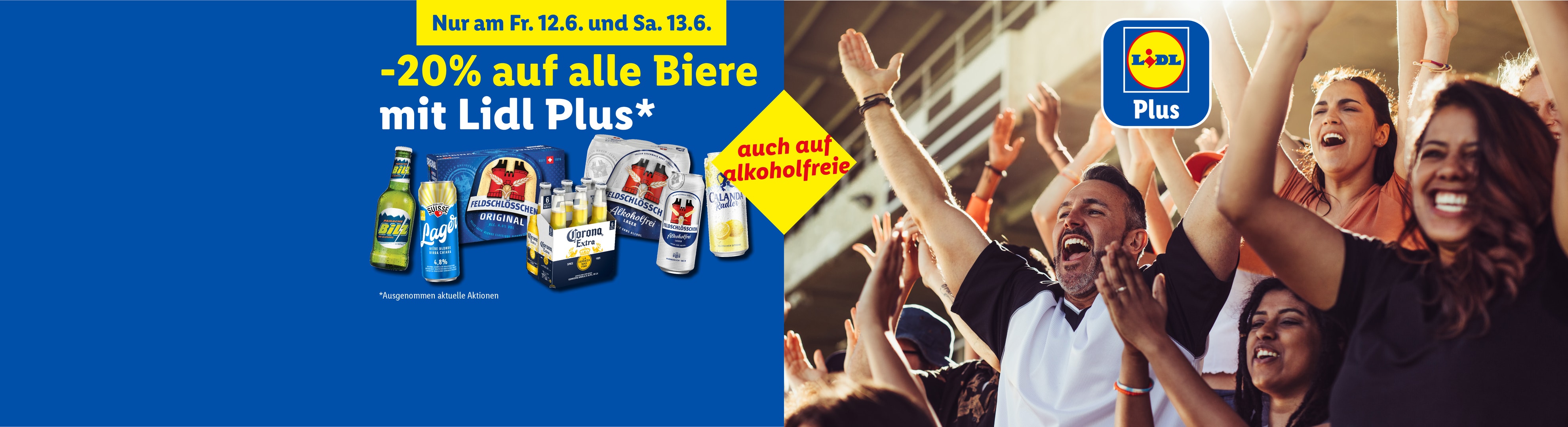 Lidl Plus Werbung mit 20% Rabatt auf alle Biere, auch alkoholfreie, und jubelnden Menschen.