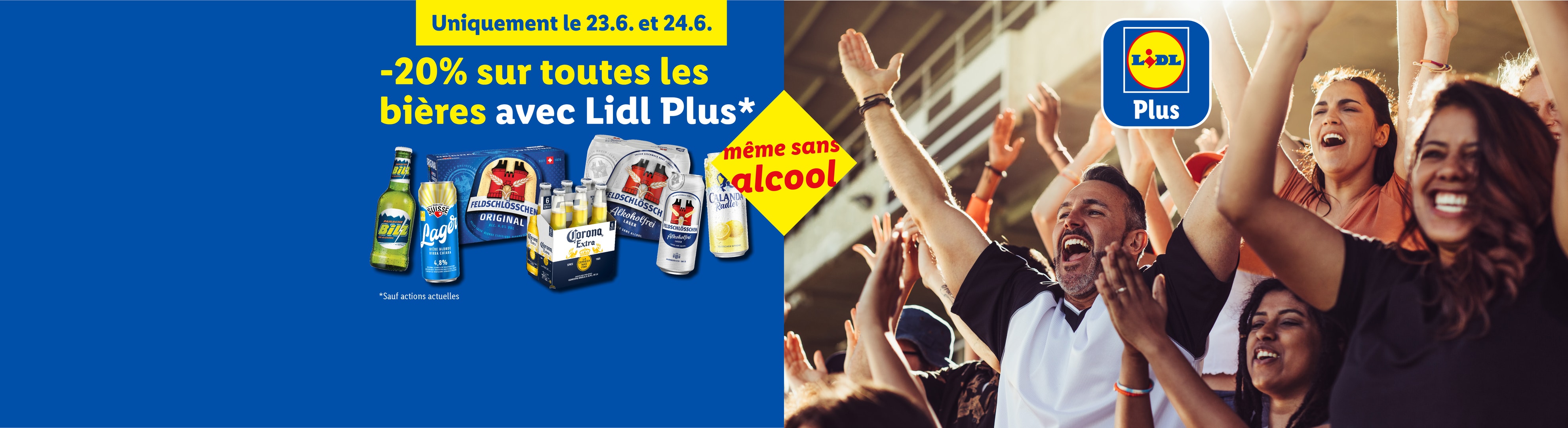 Promotion de 20% sur toutes les bières, y compris sans alcool, avec Lidl Plus, les 23 et 24 juin.