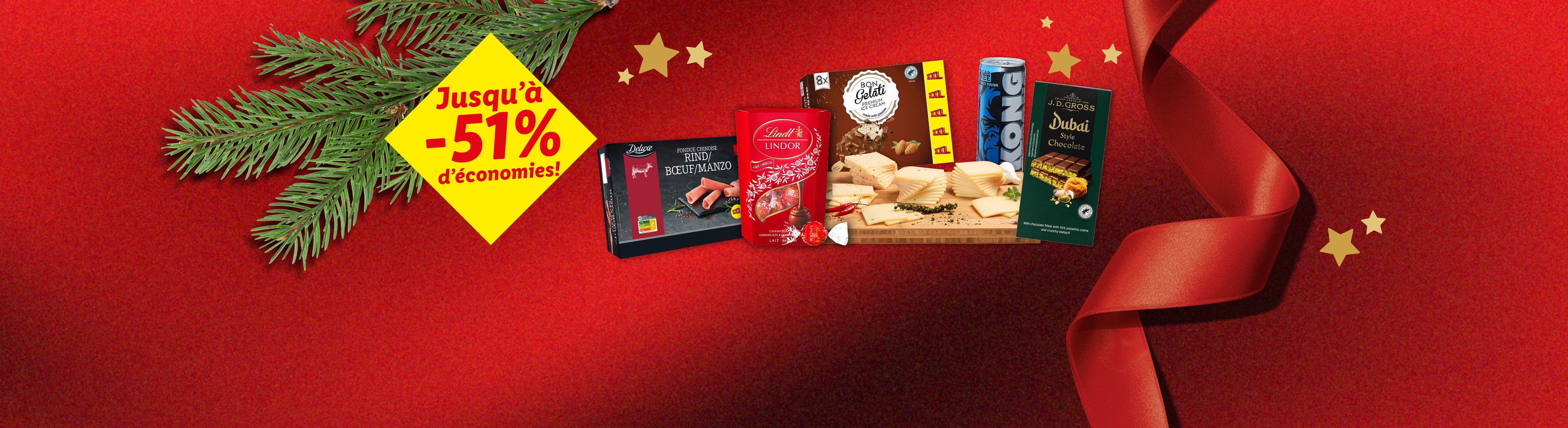 Promotion de Noël avec jusqu'à -51% sur des produits comme la fondue chinoise, les chocolats Lindt et J.D. Gross, et les glaces Bon Gelati.