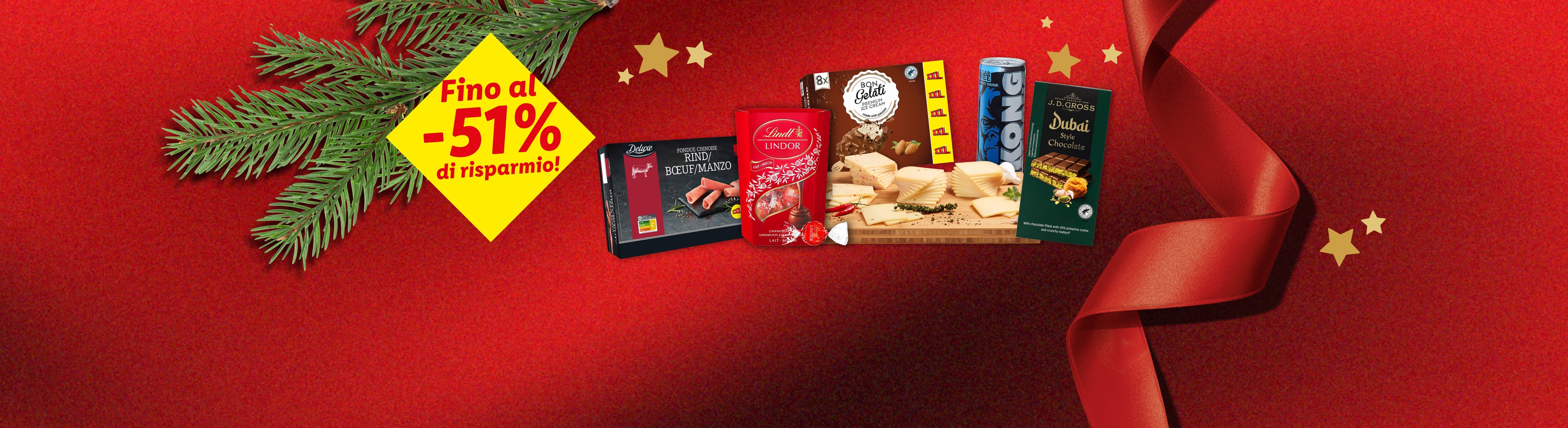 Promozione natalizia con fino al -51% di sconto su cioccolato Lindt, fonduta cinese e gelato.