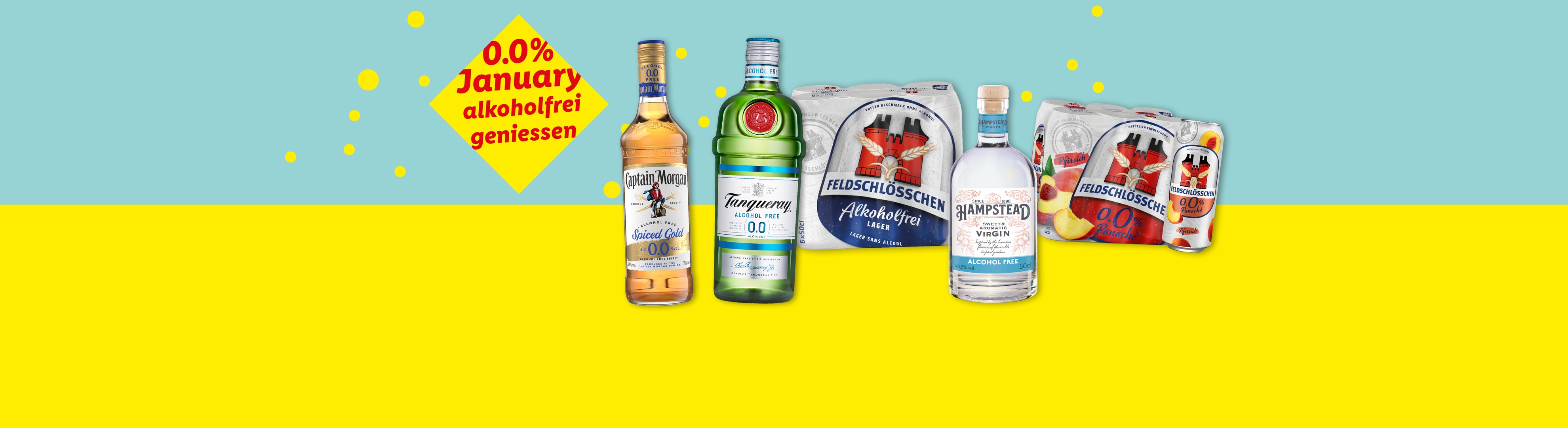 Eine Auswahl alkoholfreier Getränke, darunter Captain Morgan, Tanqueray, Feldschlösschen und Hampstead.
