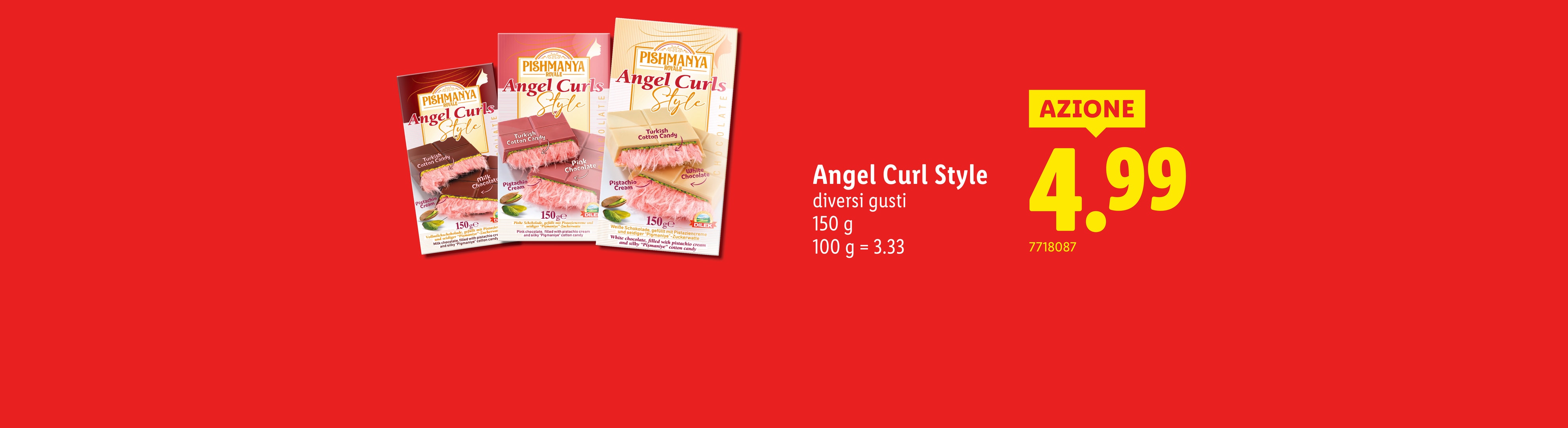 Barrette di cioccolato Pishmanya Angel Curls Style con ripieno di pistacchio e zucchero filato, in offerta a 4,99.