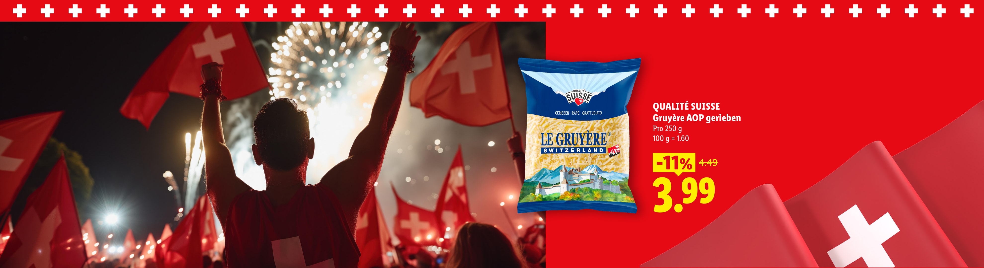 QUALITÉ SUISSE Gruyère AOP gerieben Pro 250 g 100 g = 1.60 -11% CHF 3.99