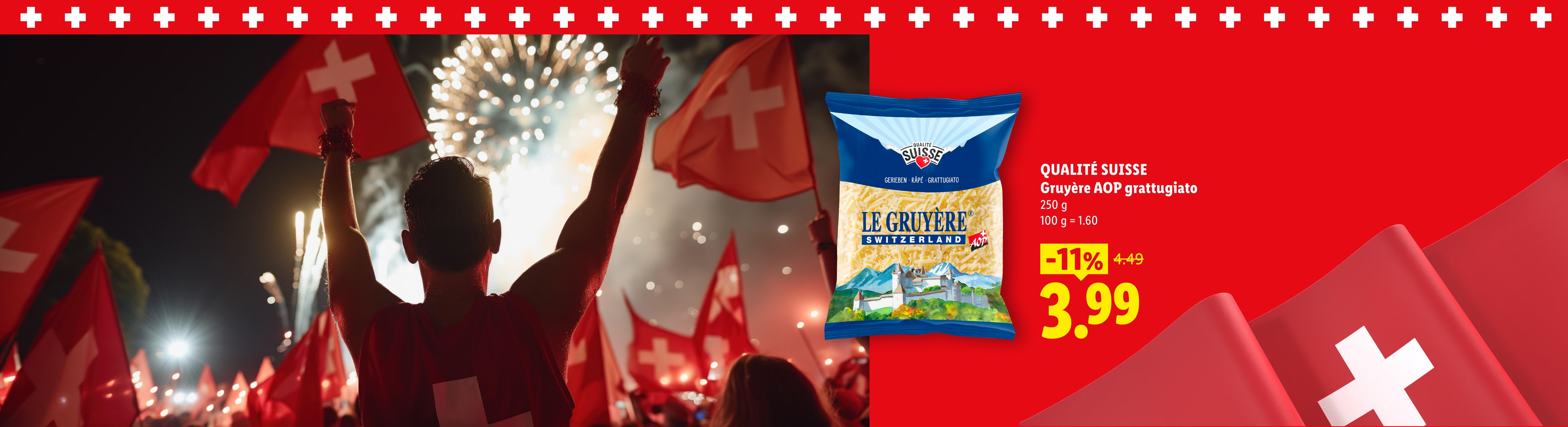 QUALITÉ SUISSE Gruyère AOP grattugiato 250 g 100 g = 1.60 -11% CHF 3.99