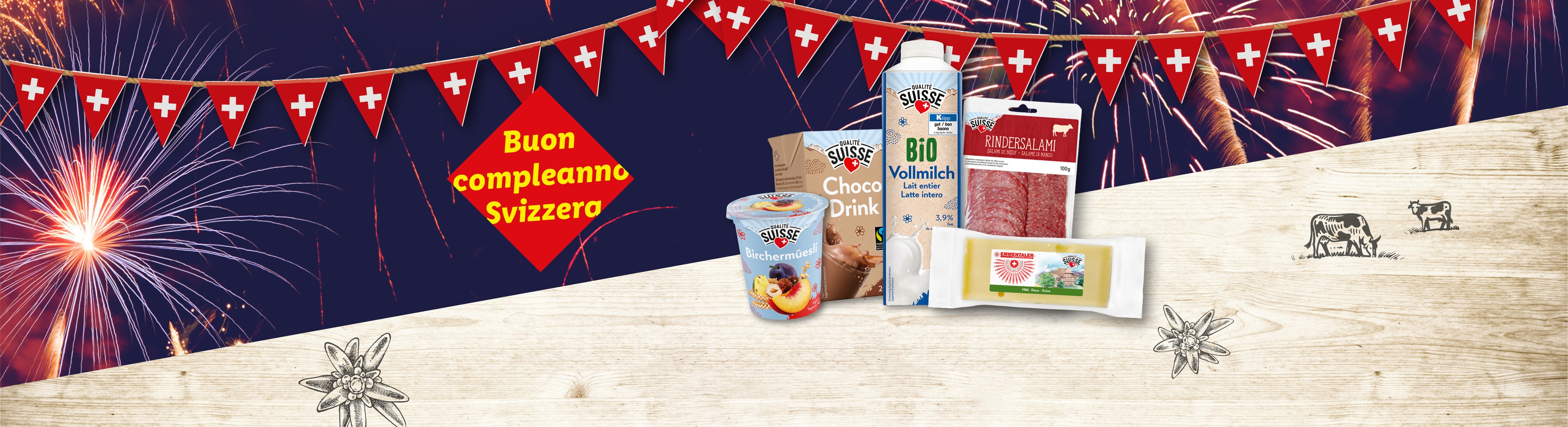Prodotti svizzeri Qualità Suisse: yogurt, cioccolata, latte e salame, per un felice compleanno Svizzera!