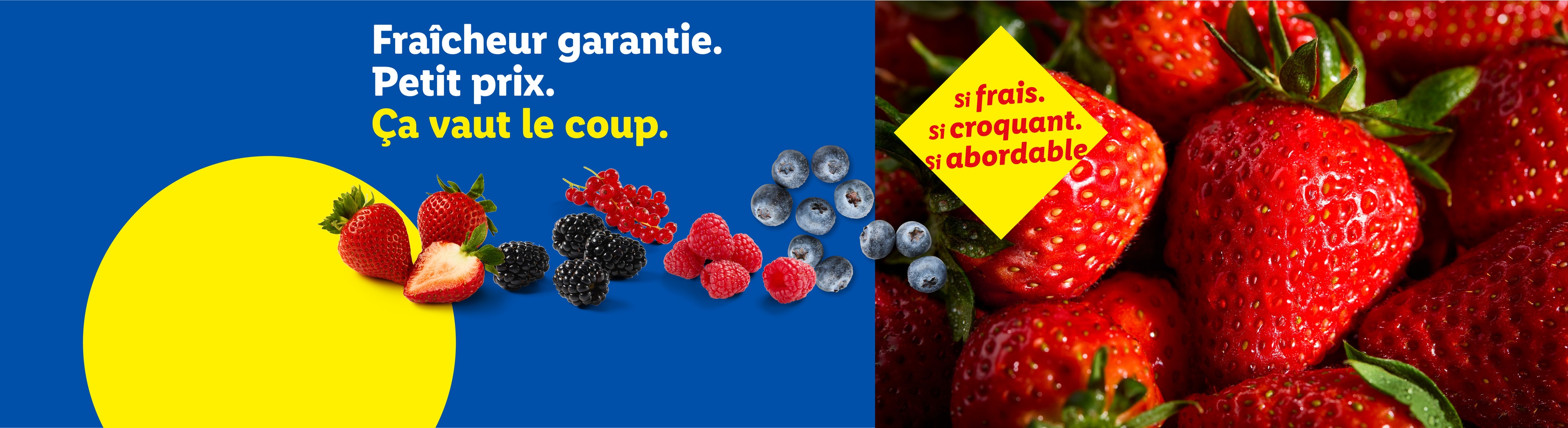 Baies fraîches comme des fraises, des myrtilles et des framboises avec le slogan 'Fraîcheur garantie. Petit prix. Ça vaut le coup.'