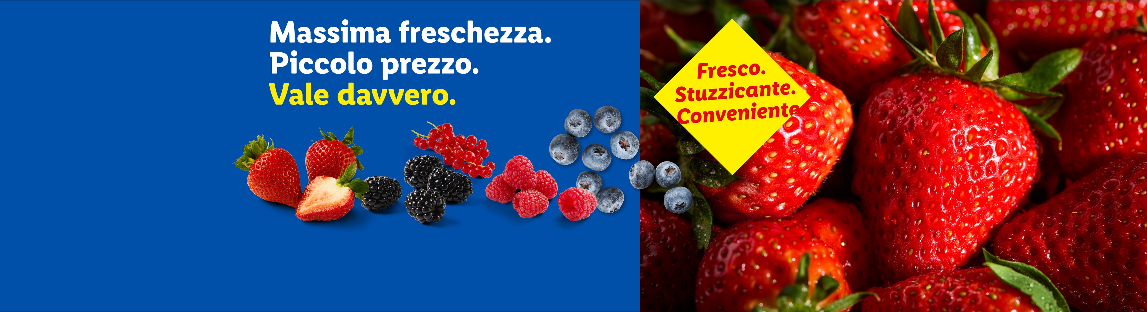 Frutti di bosco freschi su sfondo blu con testo: 'Massima freschezza. Piccolo prezzo. Vale davvero.'