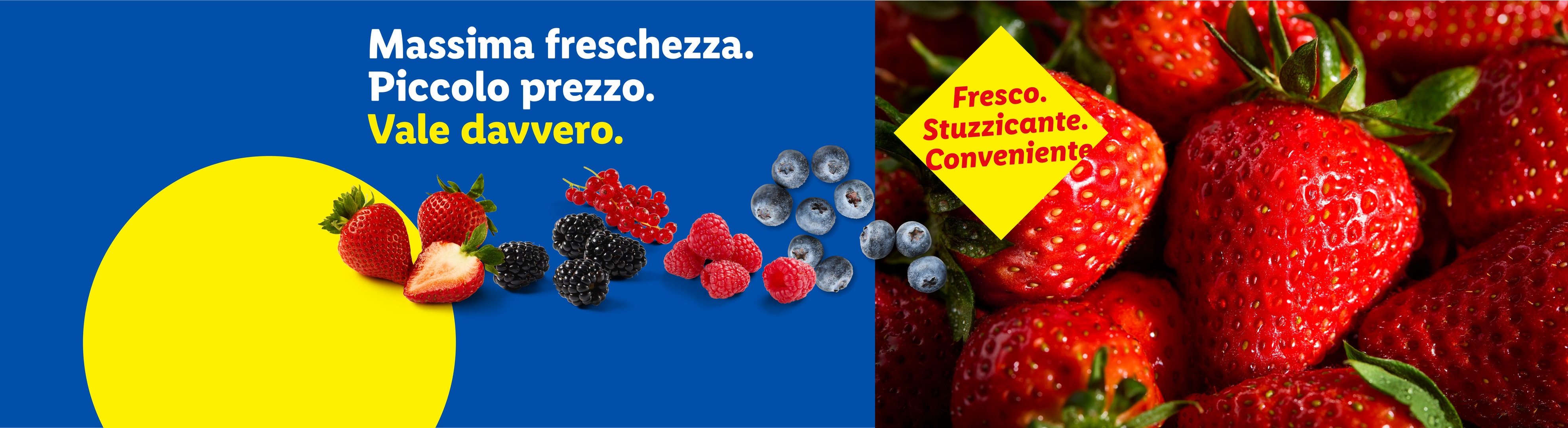 Frutti di bosco freschi su sfondo blu e giallo con testo: 'Massima freschezza. Piccolo prezzo. Vale davvero.'